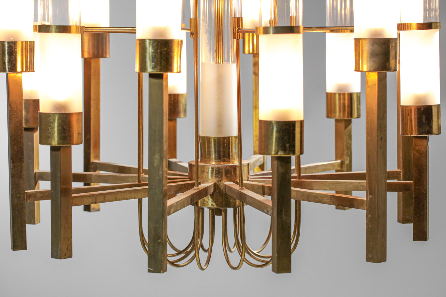 Italian chandelier Gaetano Sciolari 60s in brass and glass tubes