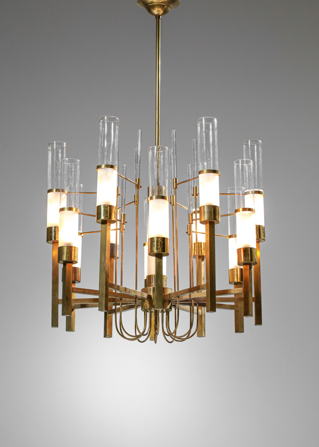 Italian chandelier Gaetano Sciolari 60s in brass and glass tubes - G701 -  Danke Galerie