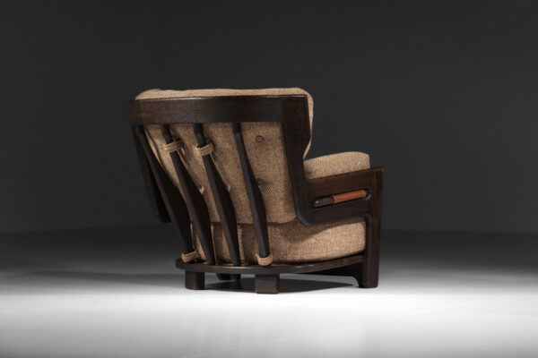 grand fauteuil guillerme et chambron en chêne teinté tissu beige années 60 - J252 bis