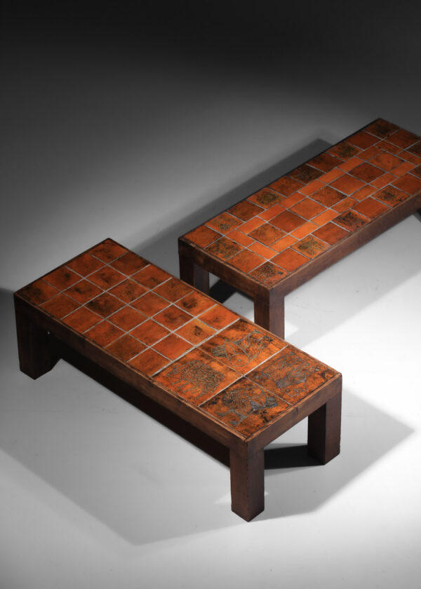 suite de 2 tables basses jacques blin en céramique orange - H678