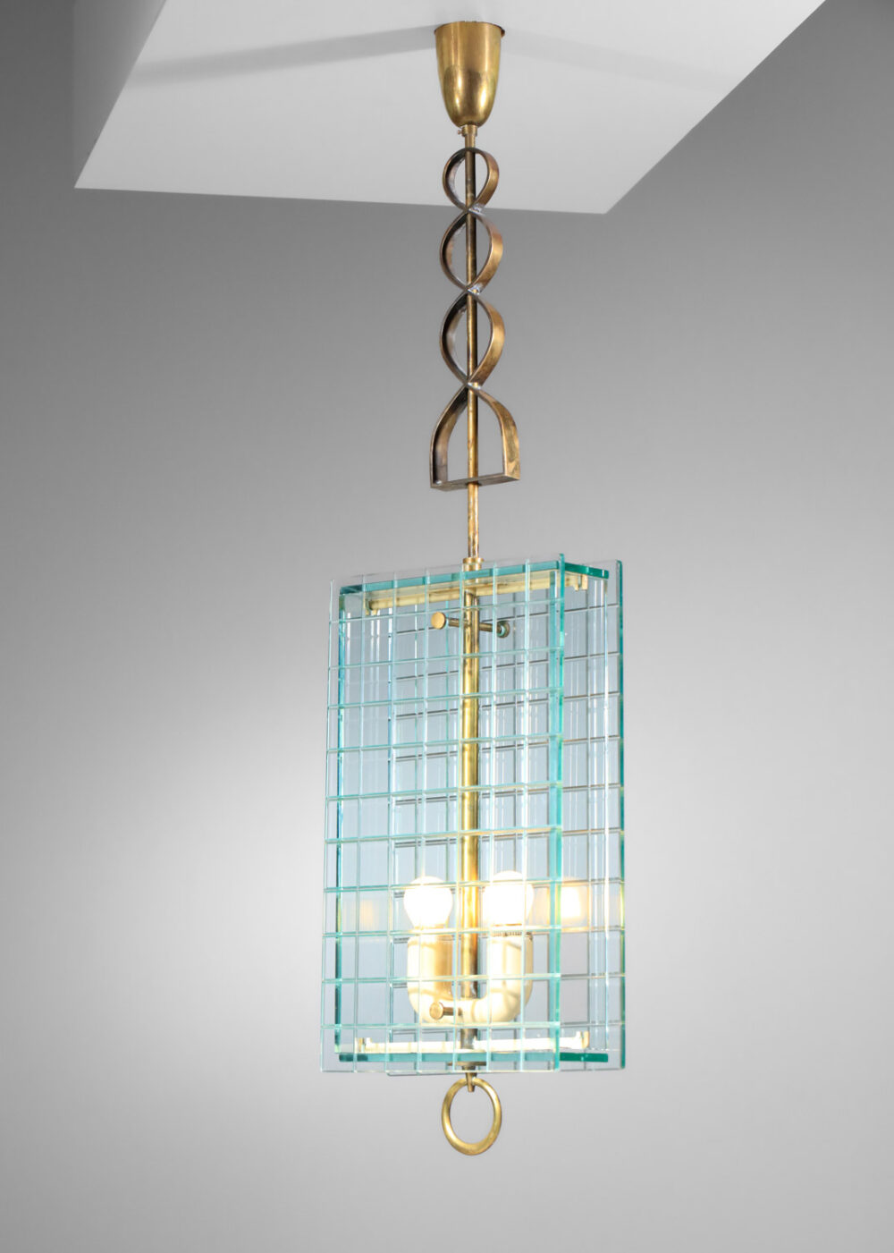 lustre italien lanterne années 60 en verre et laiton attr à Fontana Arte - I611
