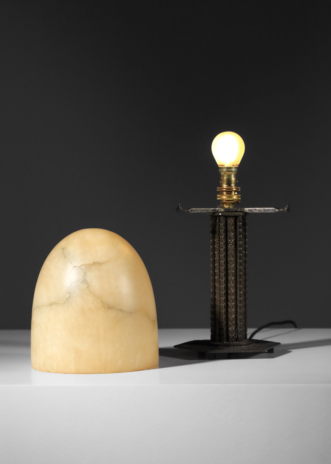 art deco shell table lamp in alabaster and wrought iron, Edgar Brandt style - I668 - Image 8