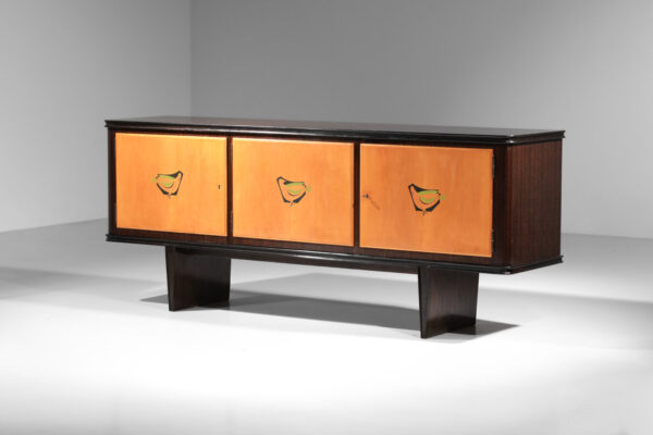 Enfilade buffet en palissandre à décor d'oiseaux des années 60 dans l'esprit de Suzanne Guiguichon - J263