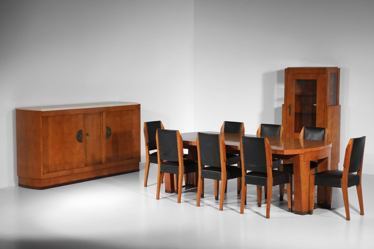 table de salle à manger et 8 chaises andré sornay en loupe d'amboine des années 30 art déco - G582 - G583
