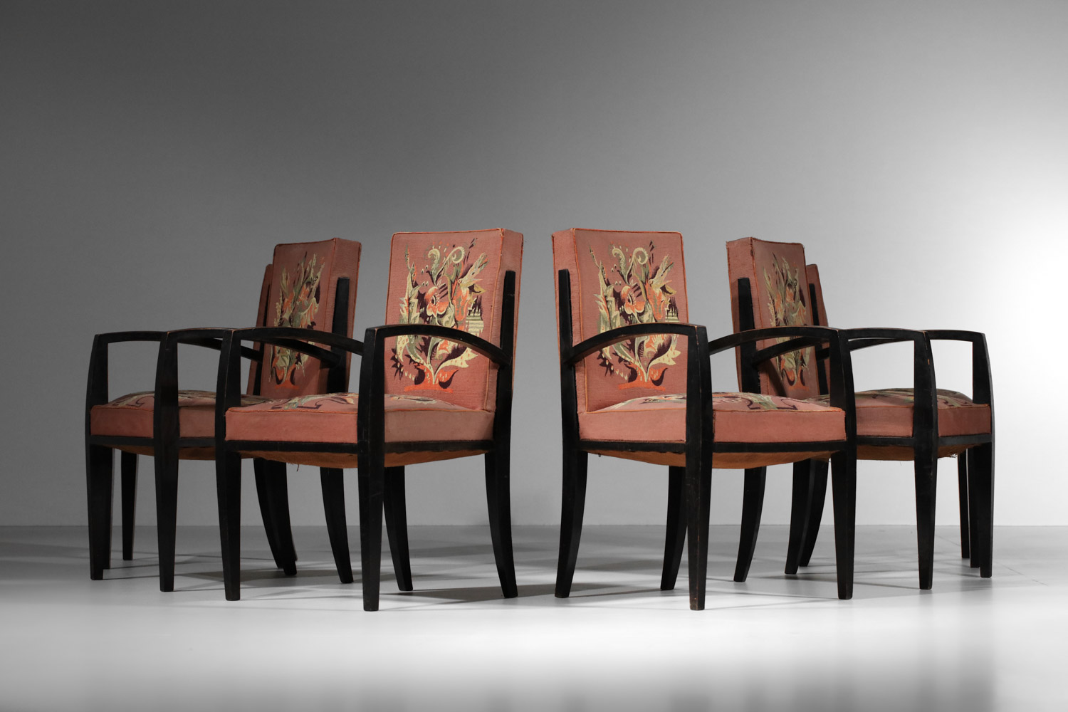 4 fauteuils et 2 chaises art déco tapisserie d'Aubusson maison Dominique André Domin et Marcel Genevrière - I289