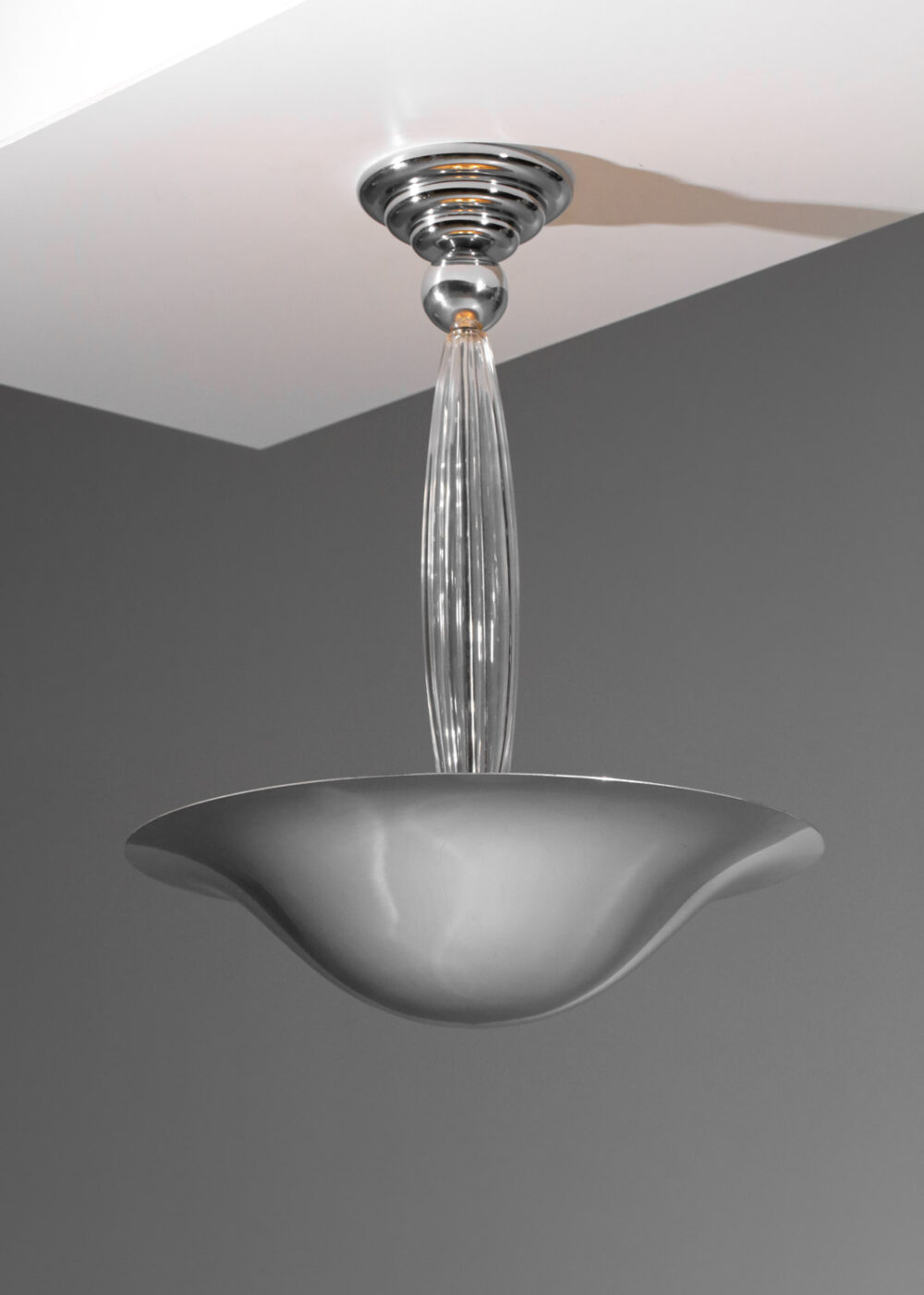lustre moderniste vasque en laiton chromé et verre années 50 - J258