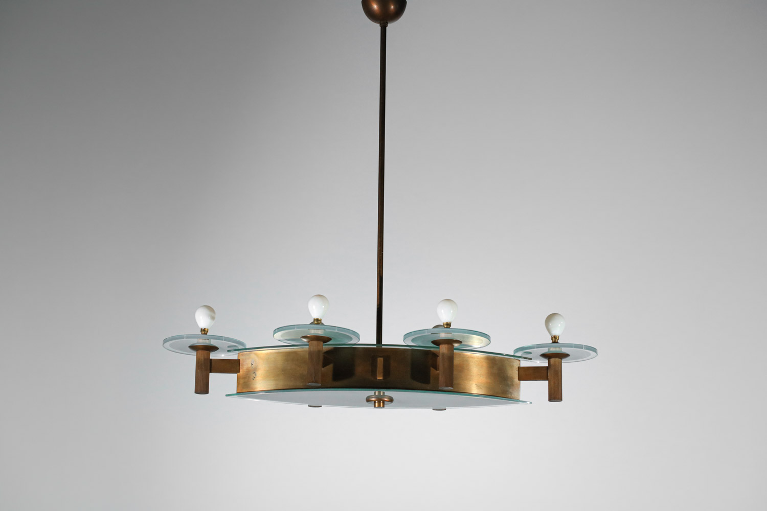 Lustre italien années 50 en verre et laiton ovale - G354
