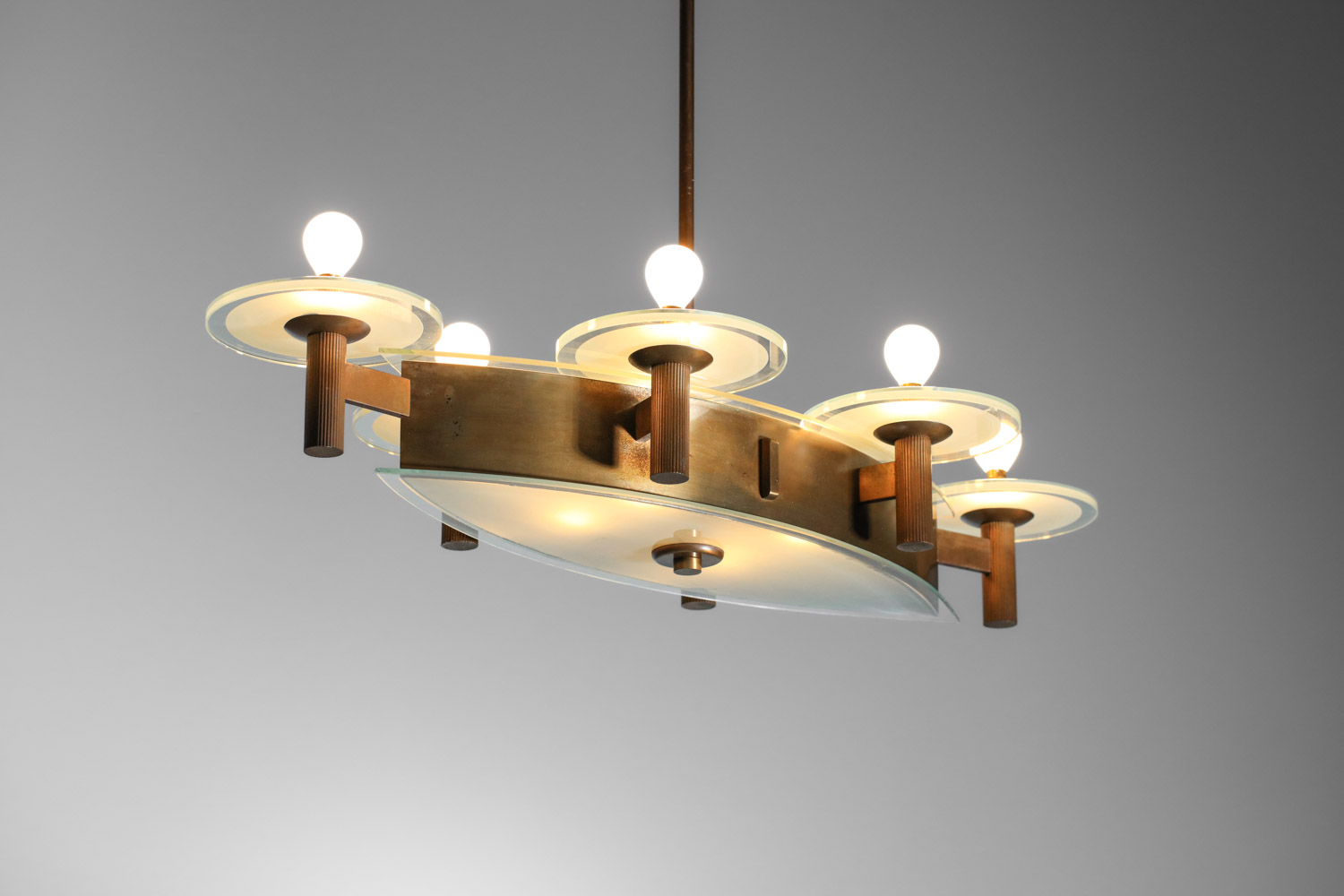 Lustre italien années 50 en verre et laiton ovale - G354