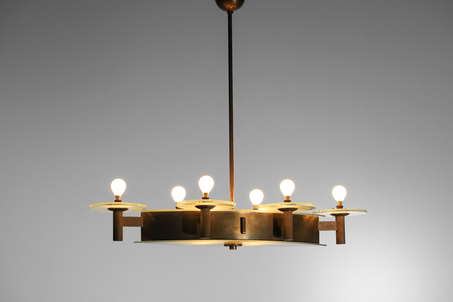Lustre italien années 50 en verre et laiton ovale - G354