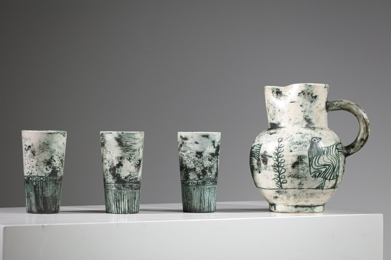 Set pichet et verres en céramique bleue par Jacques Blin années 60 - G646