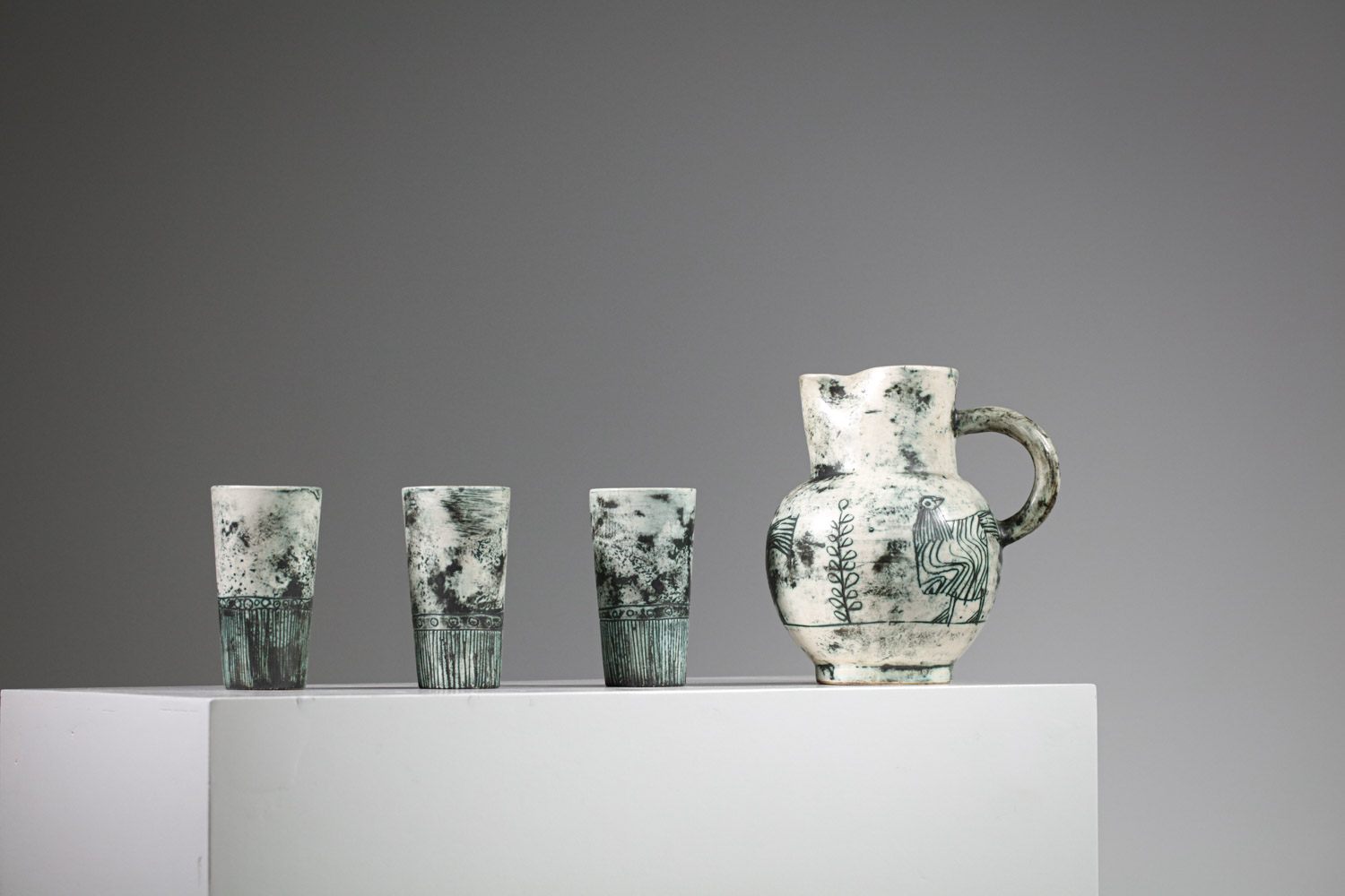 Set pichet et verres en céramique bleue par Jacques Blin années 60 - G646