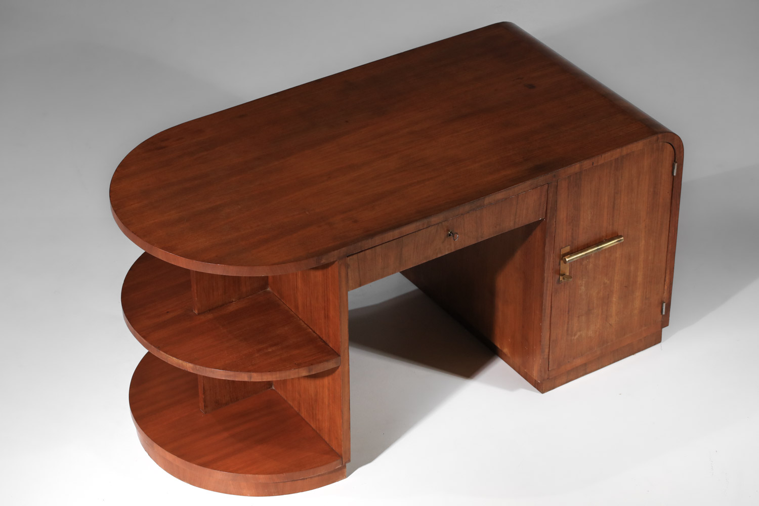 bureau art déco des années 40 arrondi en placage de noyer - H436