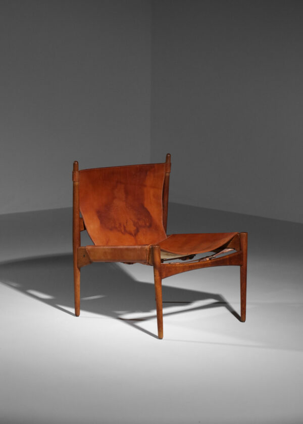 fauteuil danois safari en cuir patiné et teck scandinave années 60 G482