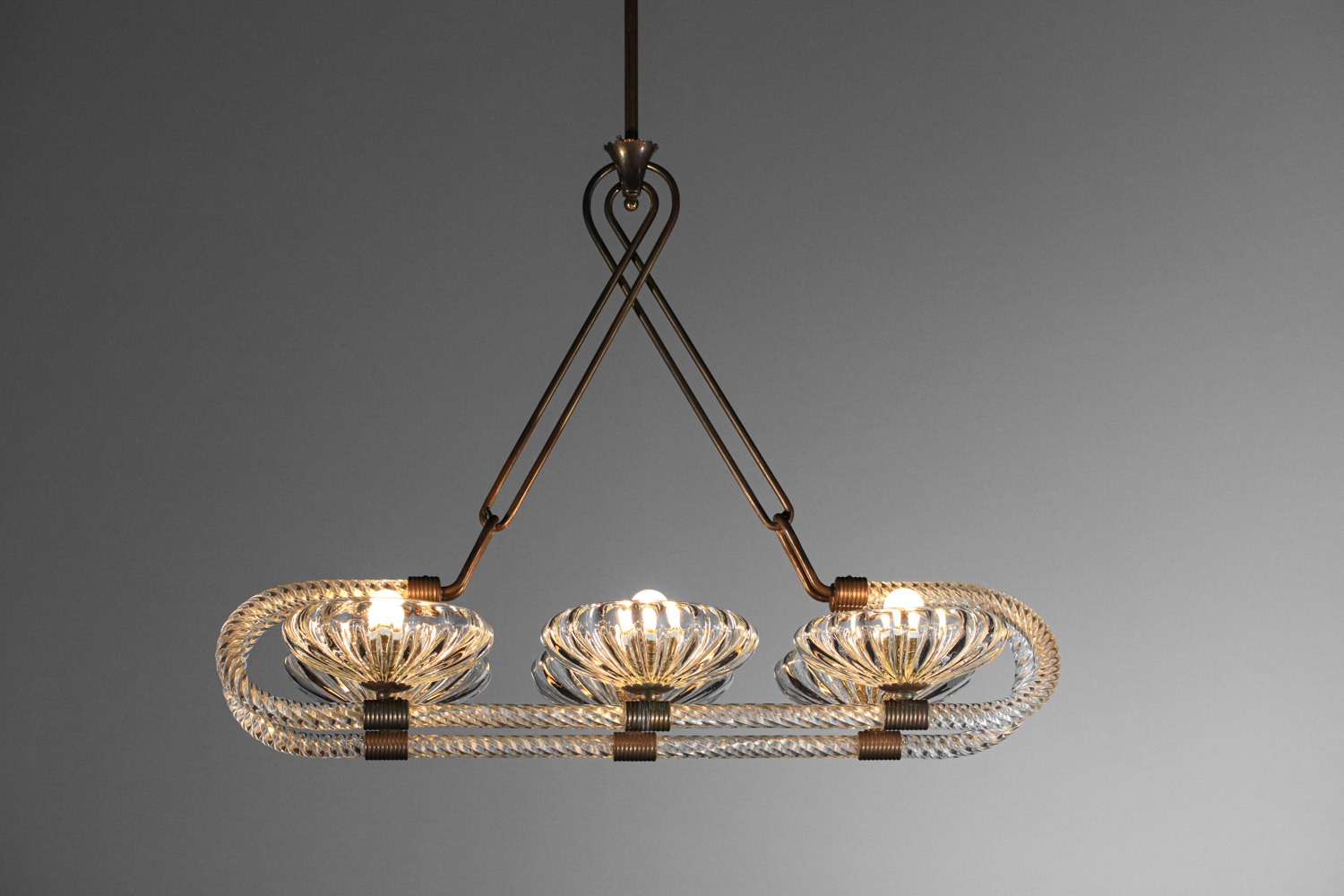 grand lustre italien 6 coupelles barovier toso verre murano et laiton H140