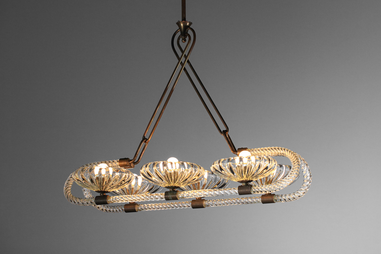 grand lustre italien 6 coupelles barovier toso verre murano et laiton H140