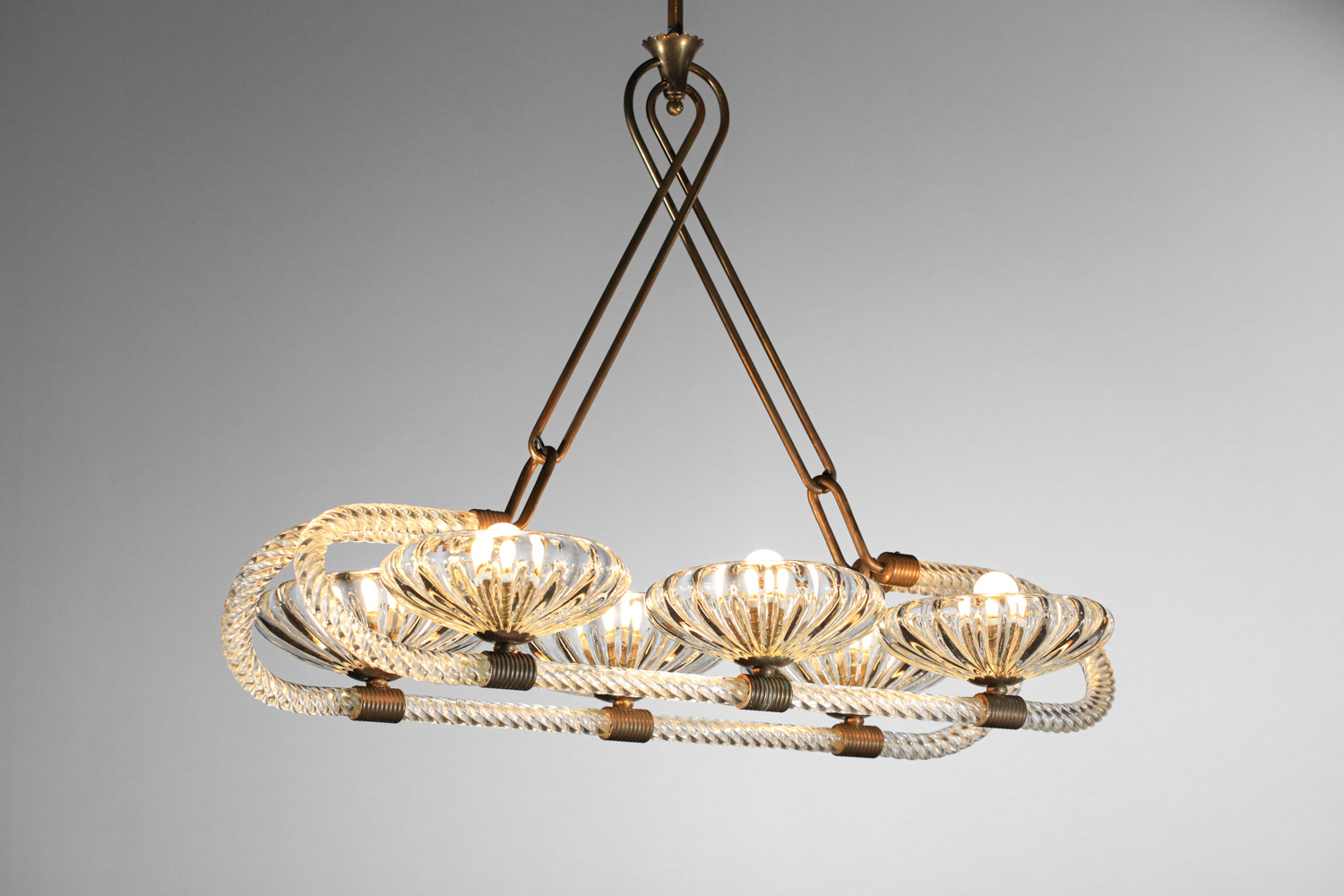 grand lustre italien 6 coupelles barovier toso verre murano et laiton H140