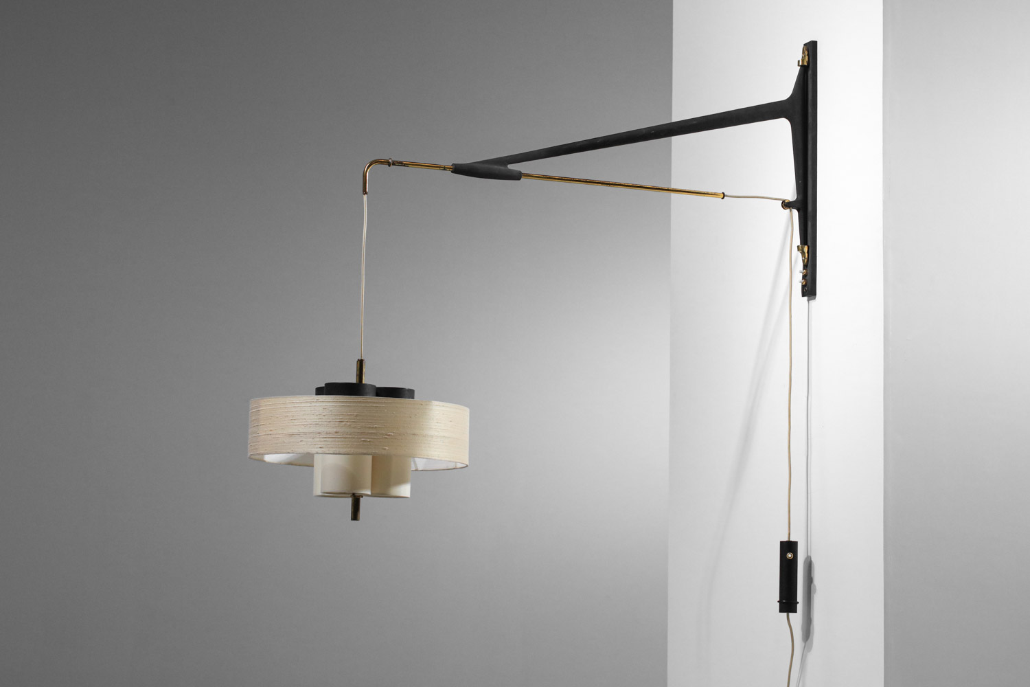 grande applique potence Arlus abat jour tissu années 50 télescopique - F151