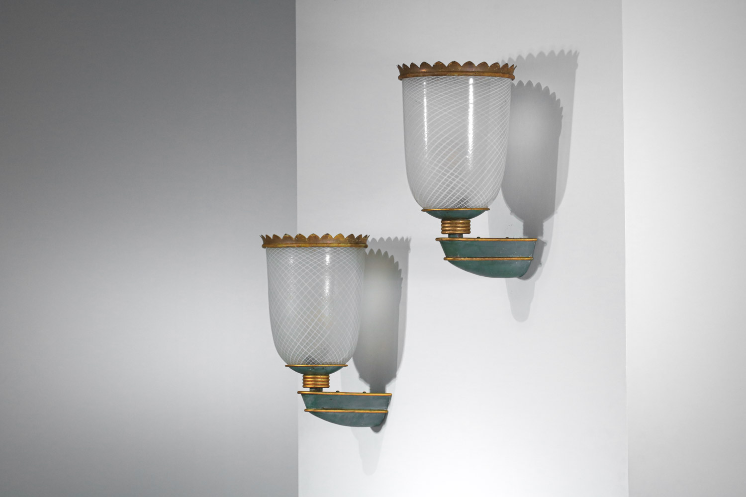 grande paire d'appliques italiennes années 30 en verre filigrané de venini - H550