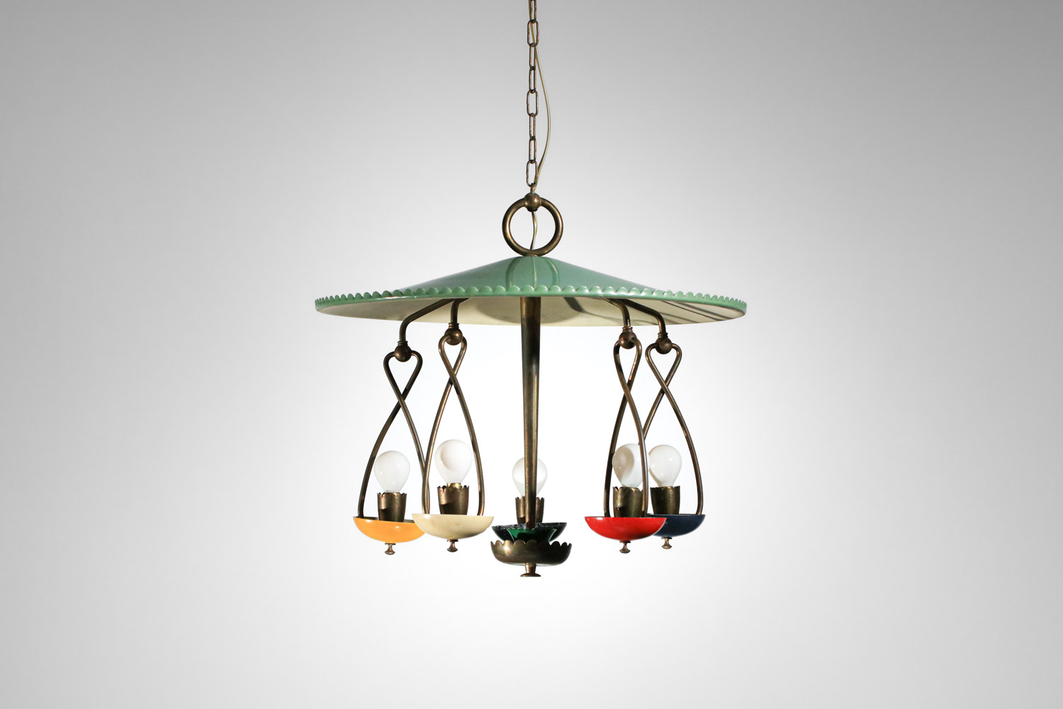 lustre suspension manège italien années 50 en laiton et métal laqué - H654