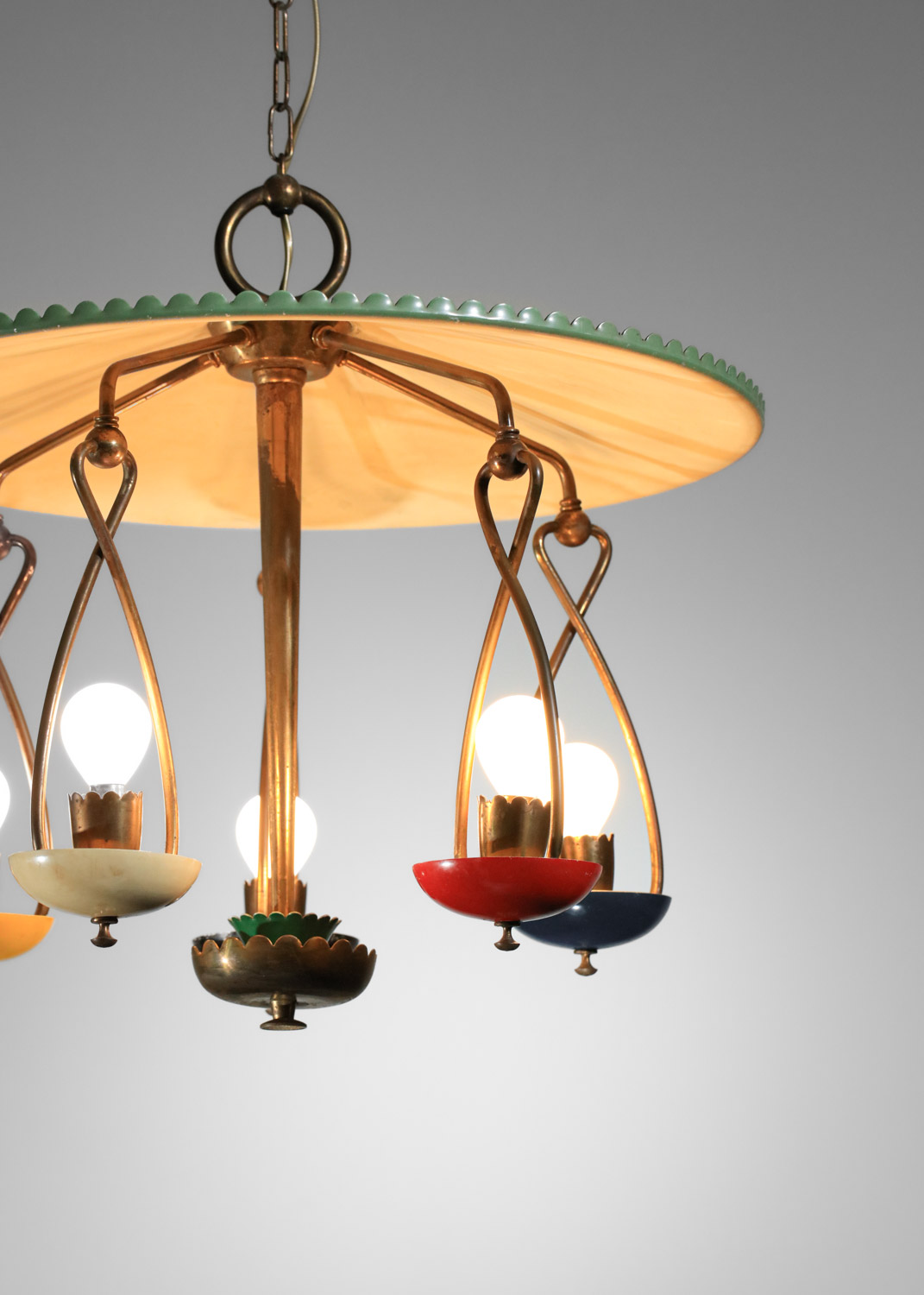 lustre suspension manège italien années 50 en laiton et métal laqué - H654