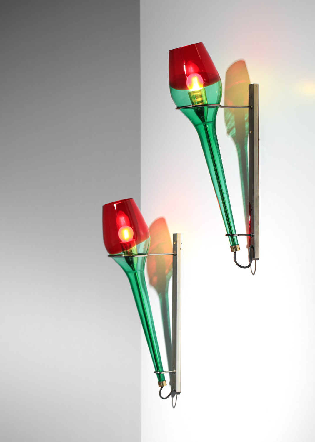 paire d'appliques italiennes attr. à Vinicio Vianello pour Vistosi années 60 verre rouge et vert -H424