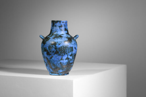 vase jacques blin en céramique bleue oiseaux années 60 - I535