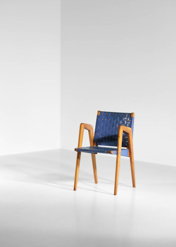Fauteuil pieds compas dans le style de Landault années 50 chêne massif - G647