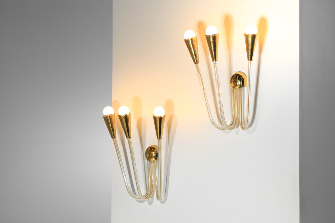 suite de 4 d'appliques années 60 tube en verre et laiton I417