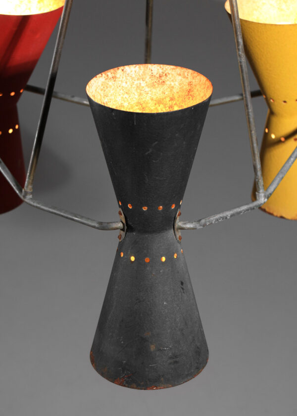 lustre 3 reflecteurs diabolos des années 50 non identifié rouge jaune noir - J467