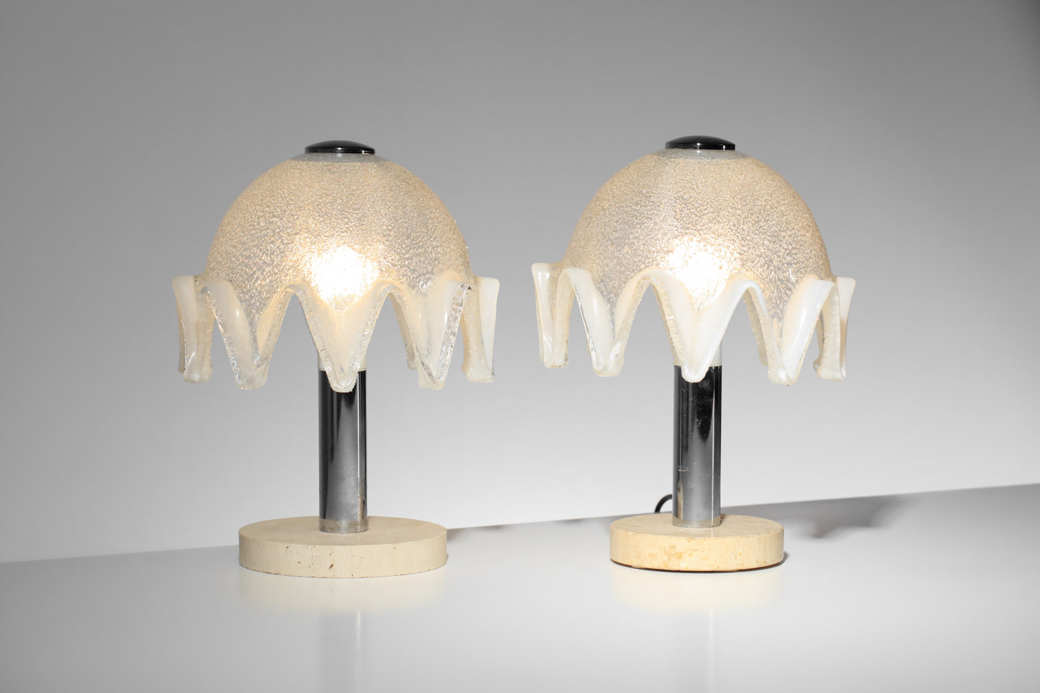 pair of italian mazzega table lamps in glass and travertine from the 70s - I420