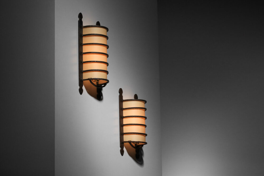 pair of brutalist sconces in patinated wrought iron - E072