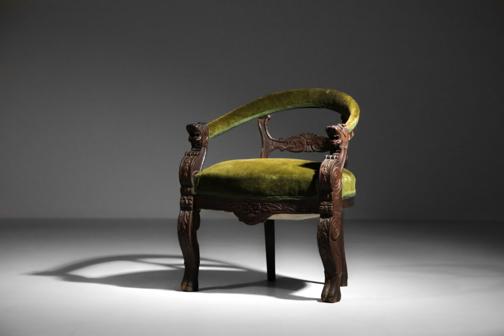 fauteuil fauteuil d'apparat en bois sculpté velours vert kaki - H061