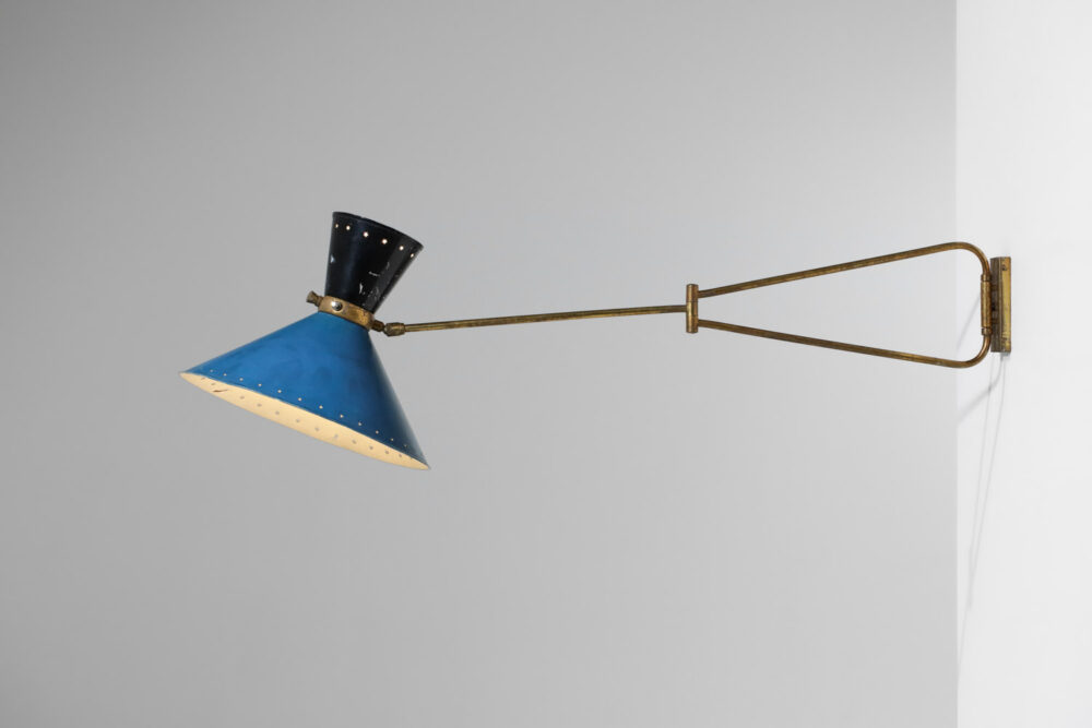 grande applique potence Lunel années 50 style Robert Mathieu bleue et noire - H088