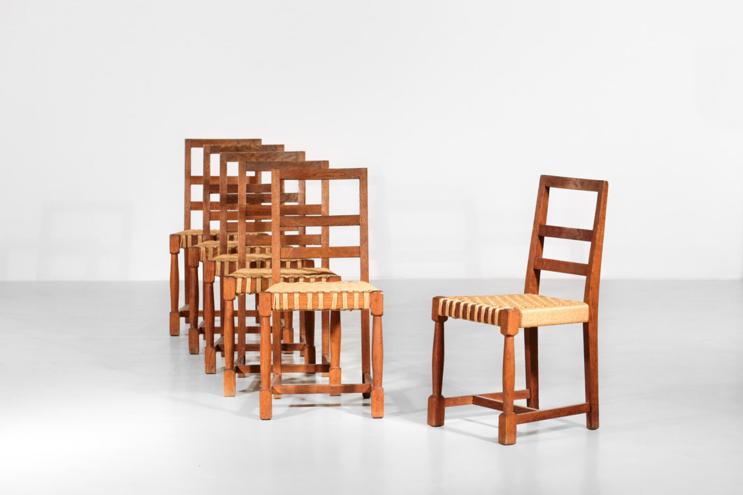 Suite de 6 chaises moderniste années 50 style jacques adnet jean royere chene 3