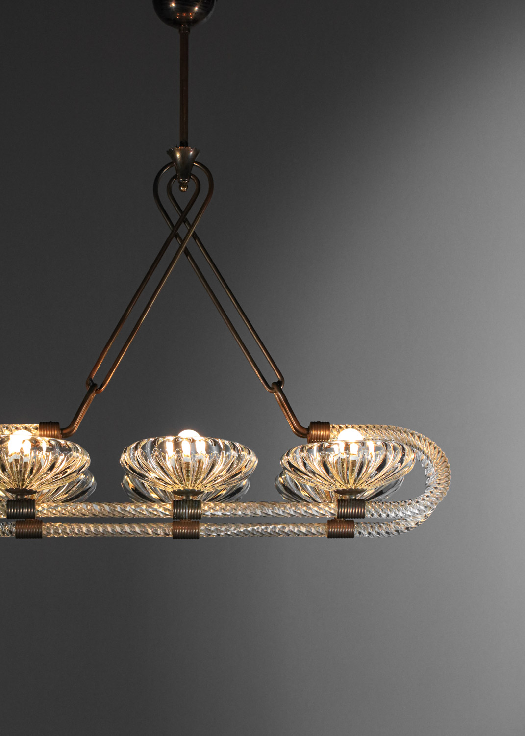 grand lustre italien 6 coupelles barovier toso verre murano et laiton H140