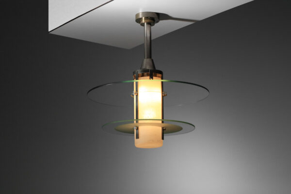 lustre moderniste années 30 40 travail français pâte de verre mouchetée et structure nickelée I147
