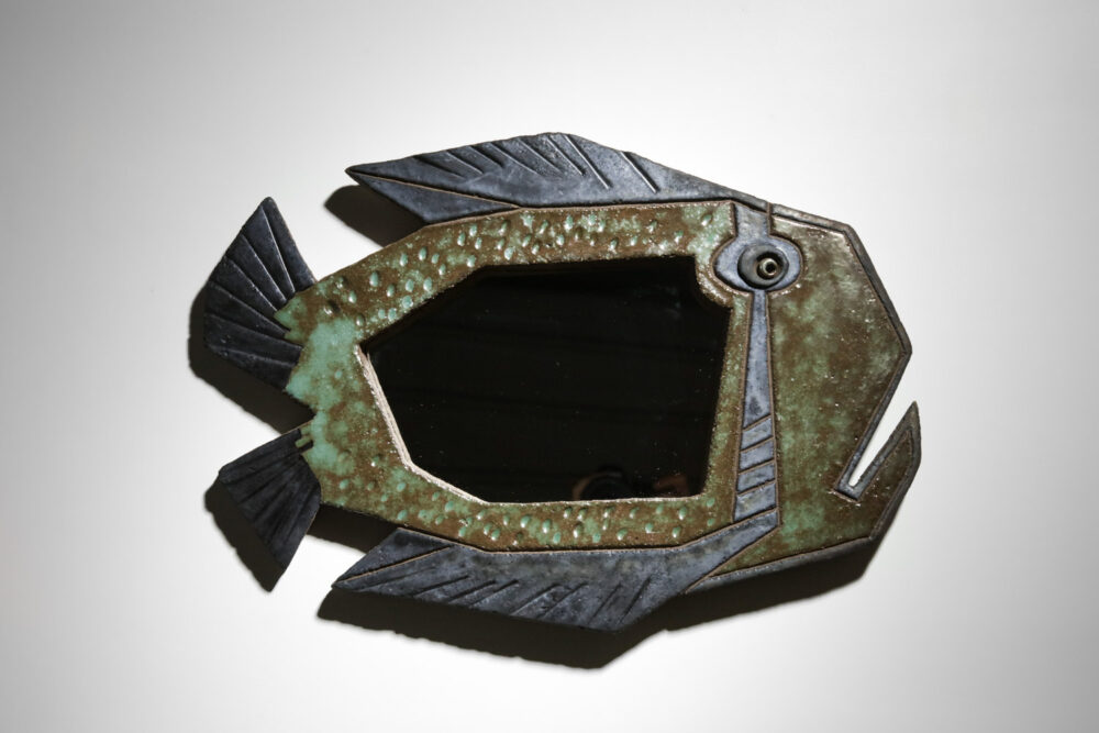 miroir poisson en céramique curiosa vert et bleu contemporaine - H083