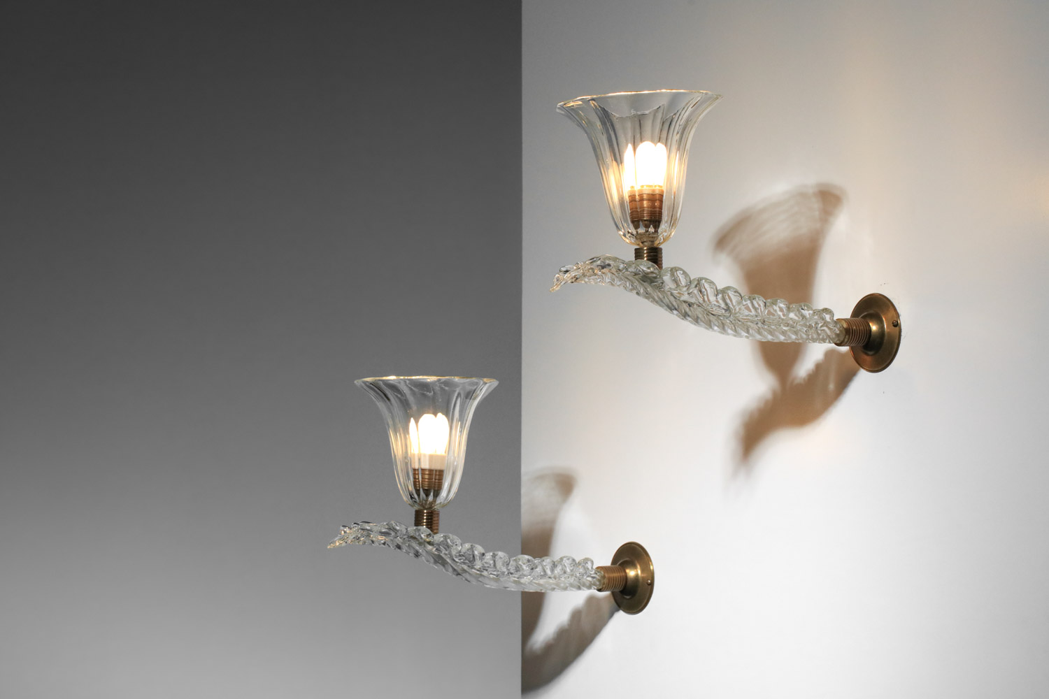 paire d'appliques italiennes en verre de Murano décor de feuille plume - H599